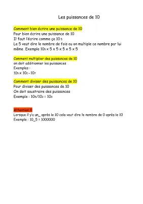 Tout sur la Puissance de 10 (10⁰ à 10¹⁰) - Tableau et Exercices