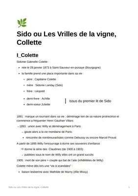 Sido et Les Vrilles de la vigne : Résumé par Chapitre et Analyse de Colette