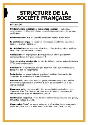 La société française aujourd'hui : Structure sociale SES Terminale et définitions PCS