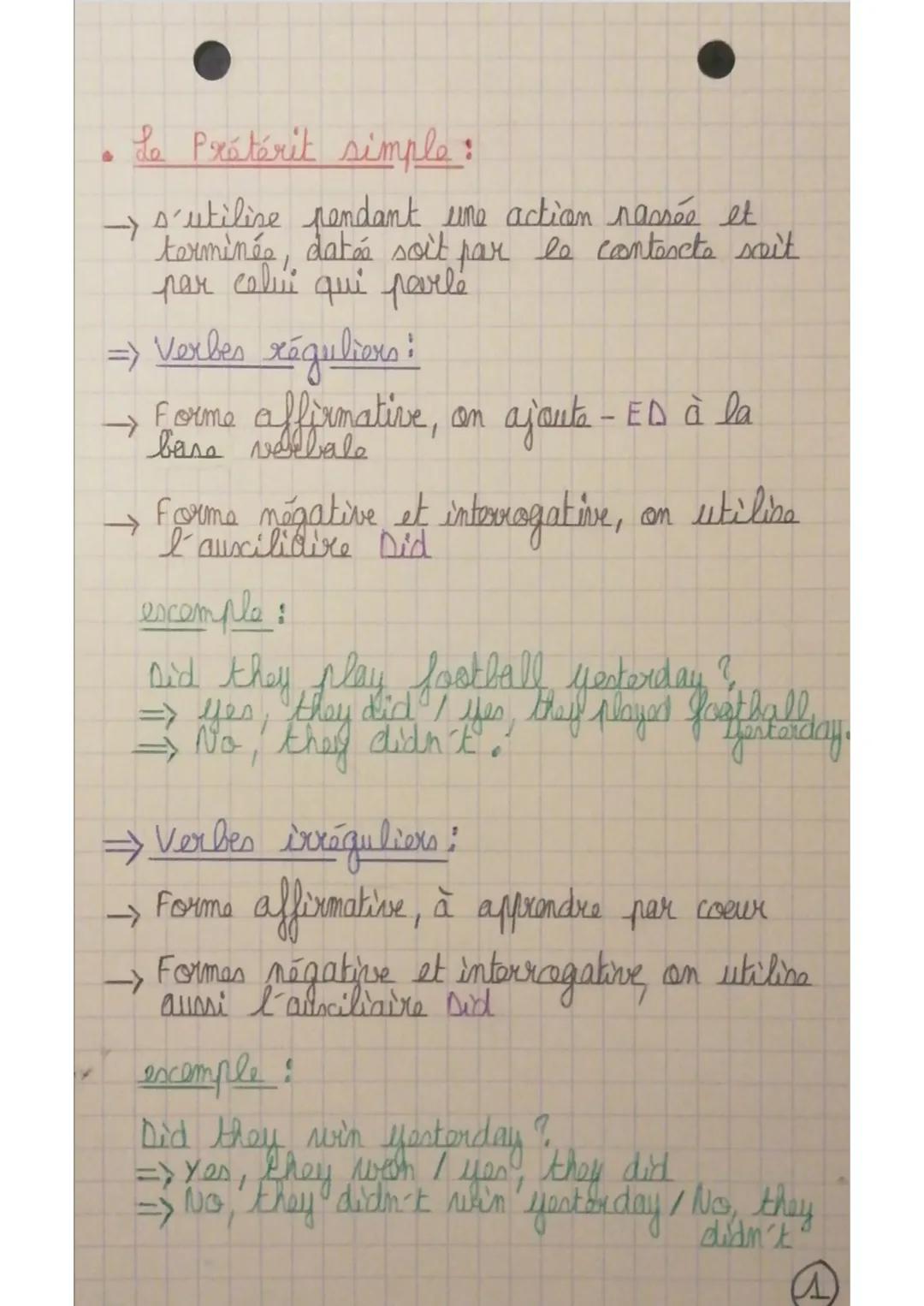 Le Prétérit simple :
→ s'utilise pendant une action passée et
terminés, datés soit par le contexte soit
par celui qui parlé
verbes réguliers