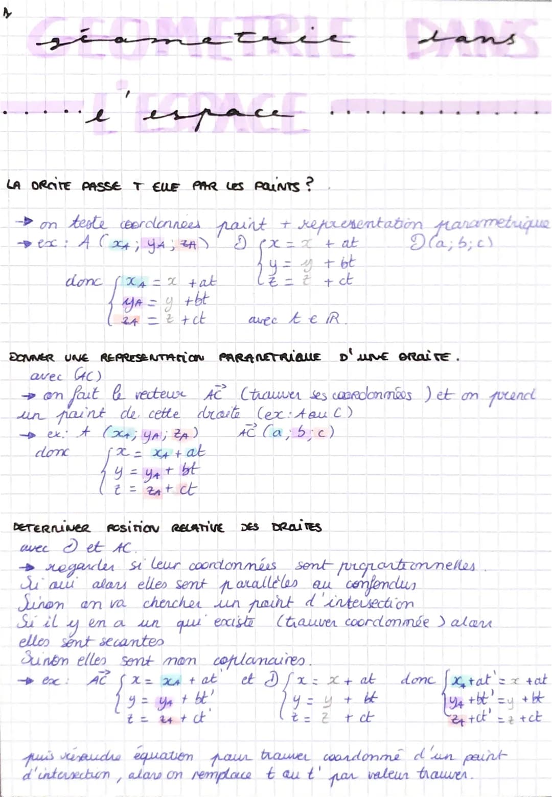 síometrie
l'espace
LA DROITE PASSE T ELLE PAR LES POINTS?
teste coordonnées paint
→ ex: A (XA; YA; ZA)
donc
x₁ = x + at
YA = y +bt
24 = ² + 