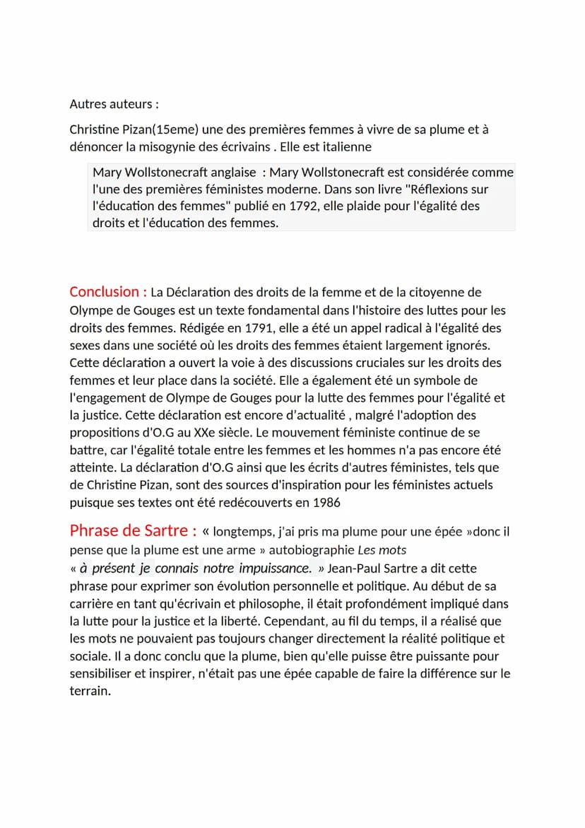 Dissertation sur Olympe de Gouges
Intro: Dans son essai en 1948 qu'est-ce que la littérature ?le
philosophe Jean-Paul Sartre crée le concept