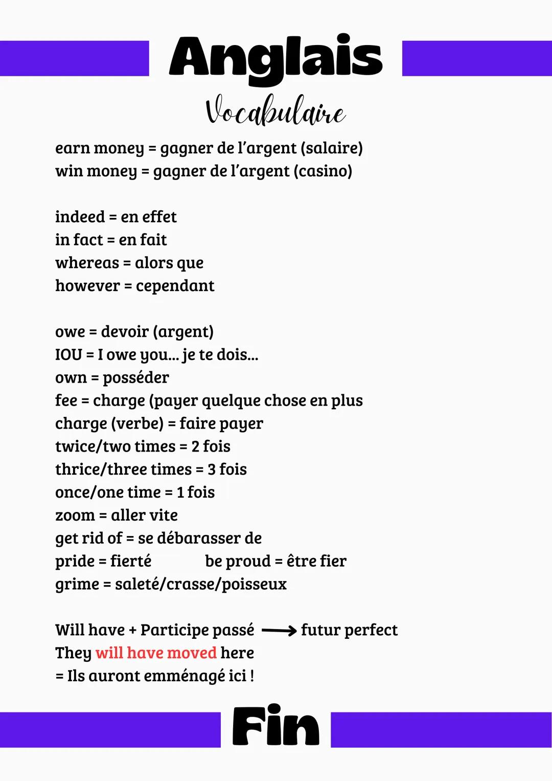 Anglais
Vocabulaire
earn money = gagner de l'argent (salaire)
win money = gagner de l'argent (casino)
indeed = en effet
in fact en fait
=
wh