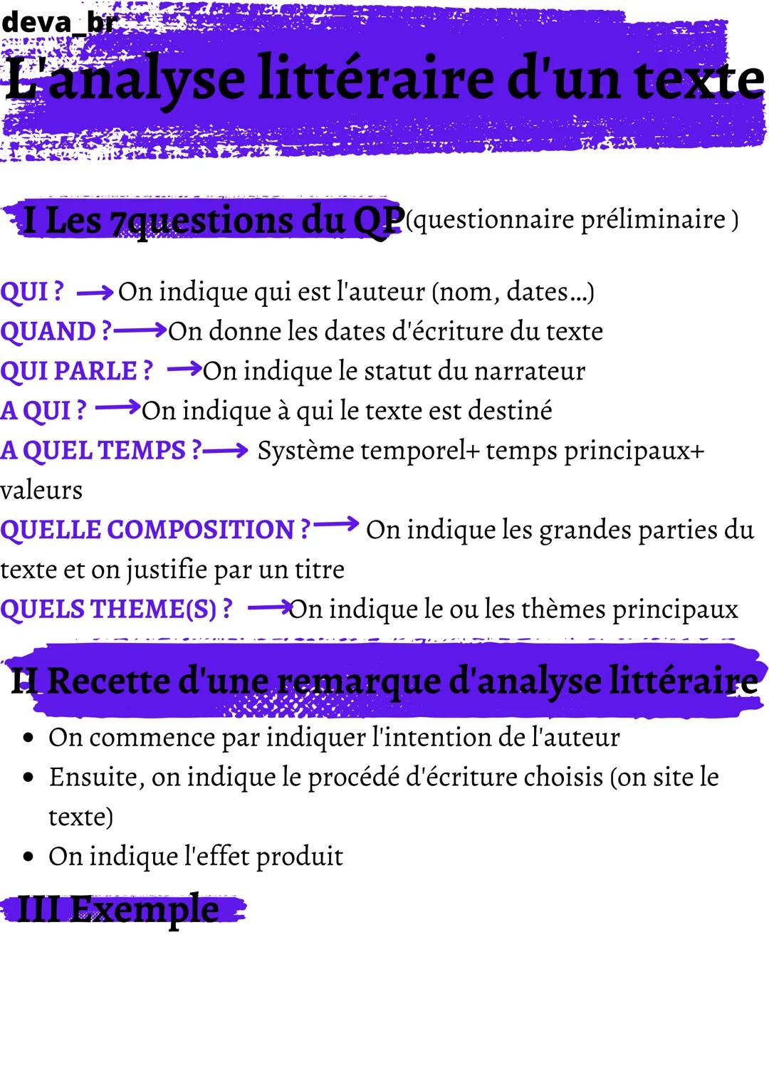 deva_br
L'analyse littéraire d'un texte
I Les 7questions du QP(questionnaire préliminaire )
QUI? On indique qui est l'auteur (nom, dates...)