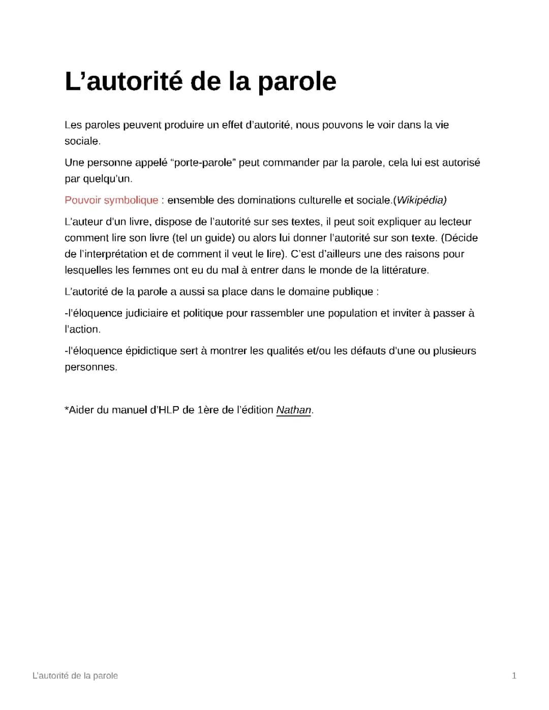 Les Pouvoirs et l'Autorité de la Parole - HLP et Exemples