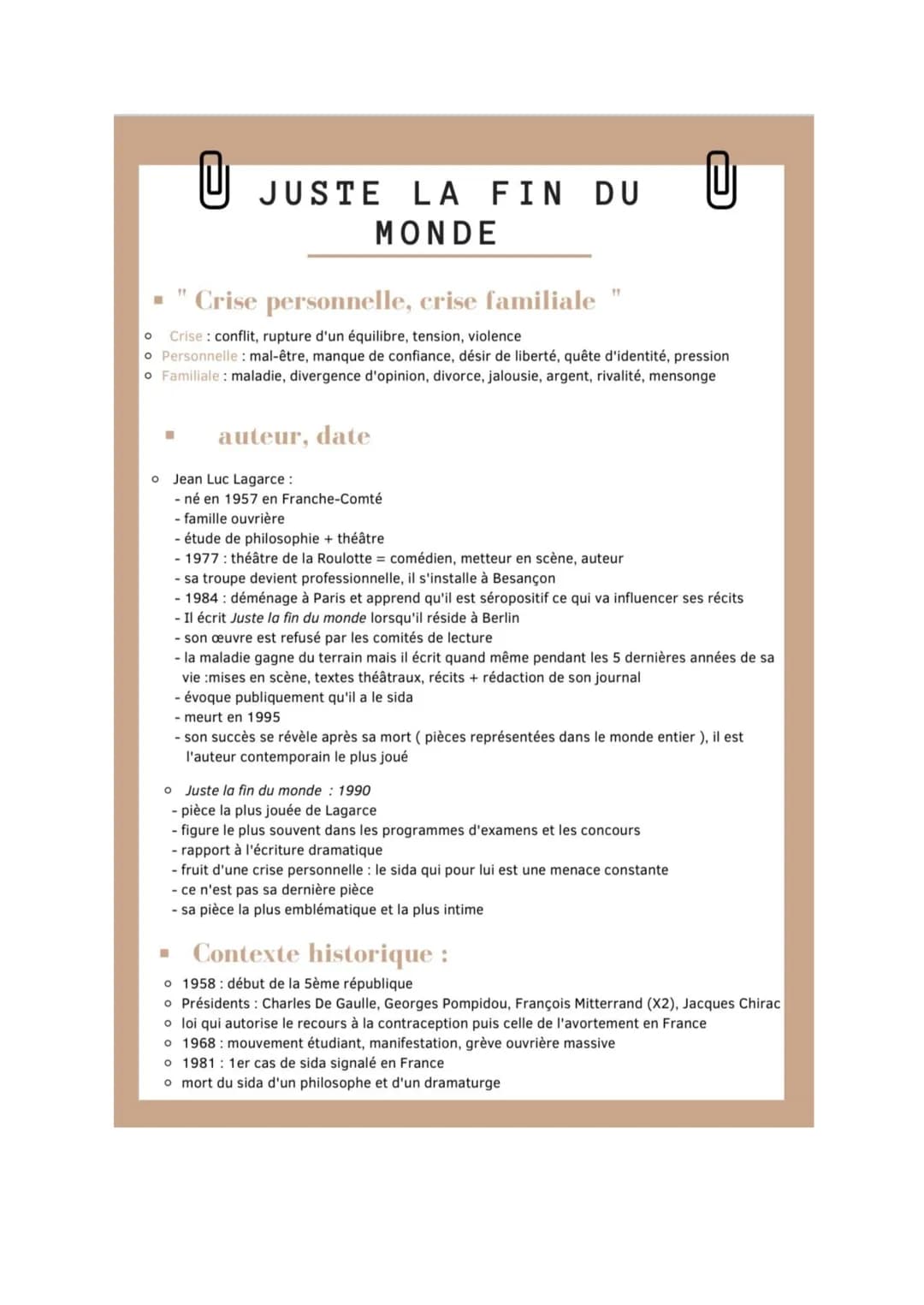 
<h2 id="introduction">Introduction</h2>
<p>"Juste la Fin du Monde" est une pièce dramatique écrite par Jean-Luc Lagarce en 1990. L'oeuvre e