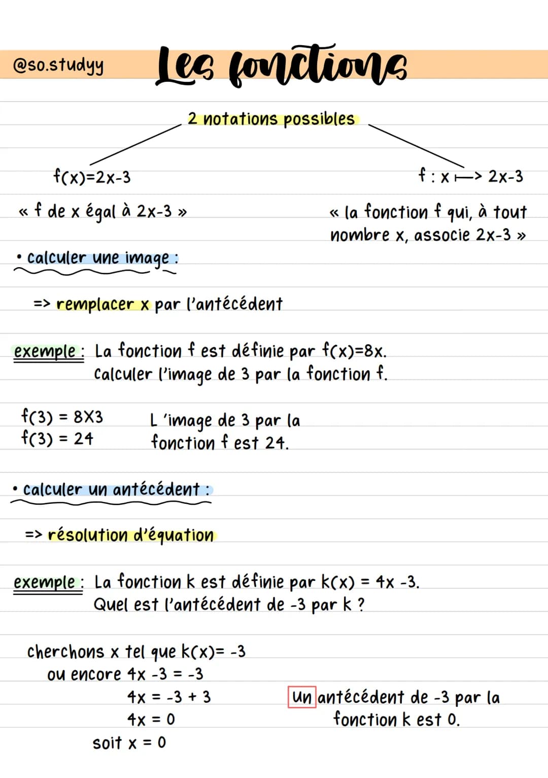 @so.studyy
Les fonctions
2 notations possibles
f(x)=2x-3
« f de x égal à 2x-3 »
●
●
• calculer une image :
=> remplacer x par l'antécédent
e