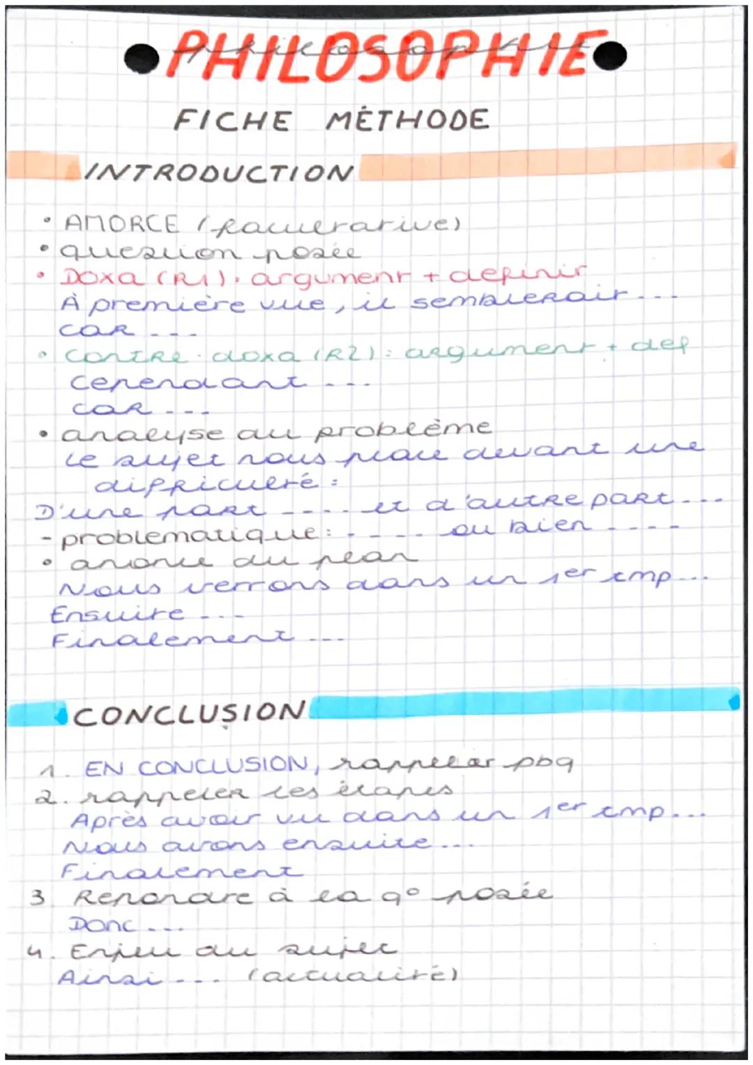 # PHILOSOPHIE

FICHE MÉTHODE

INTRODUCTION

*   AMORCE facuerative)
*   quesion posee
*   Doxa (RI). argument + definir

A première vue, il 