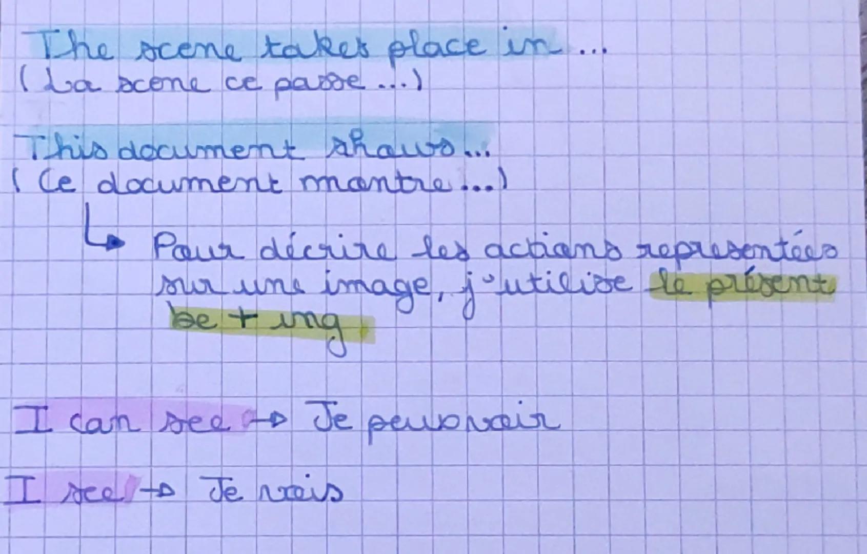 # • Amglais
Décrire une image
- I'm the backgroud → à l'arrière plan
- I'm the foreground → au premier plan
At the top ↑
On the lefe ←
In th