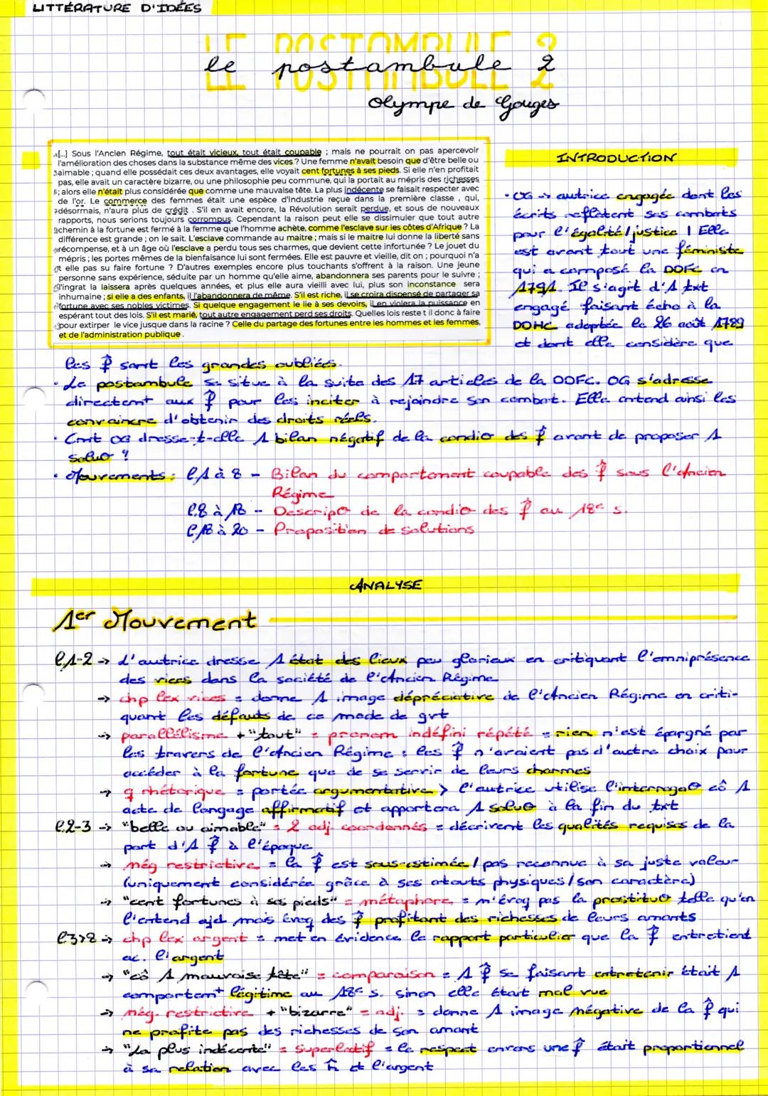 Postambule Olympe de Gouges Texte PDF et Analyse Linéaire DDFC