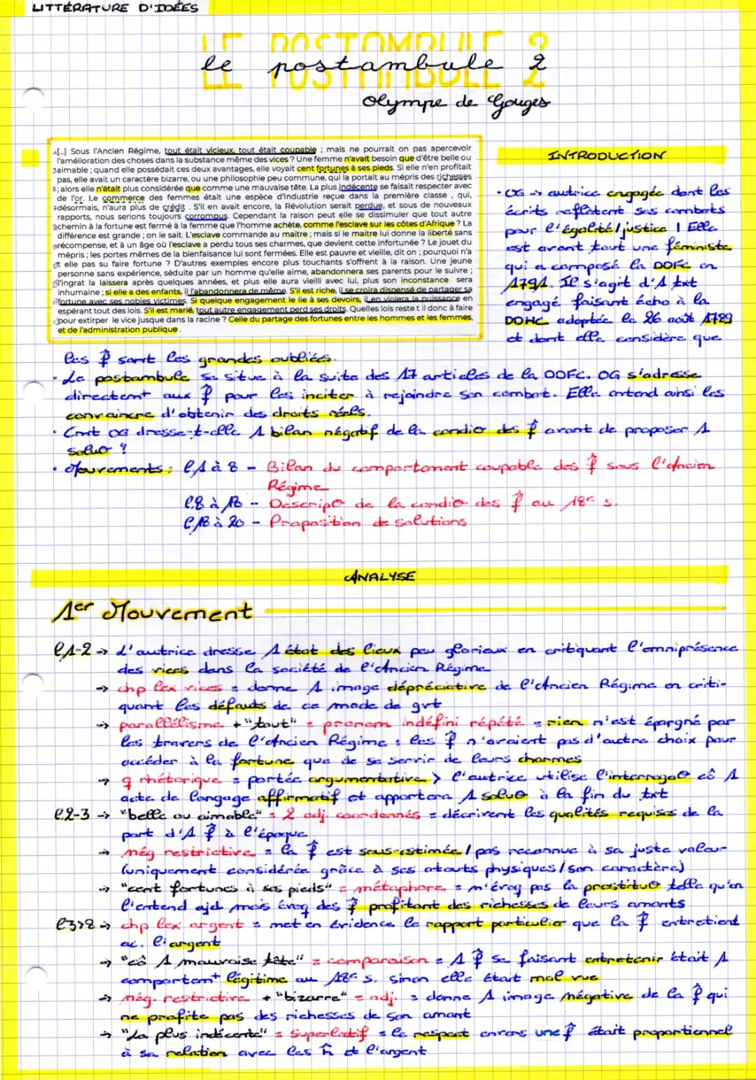 Postambule Olympe de Gouges Texte PDF et Analyse Linéaire DDFC