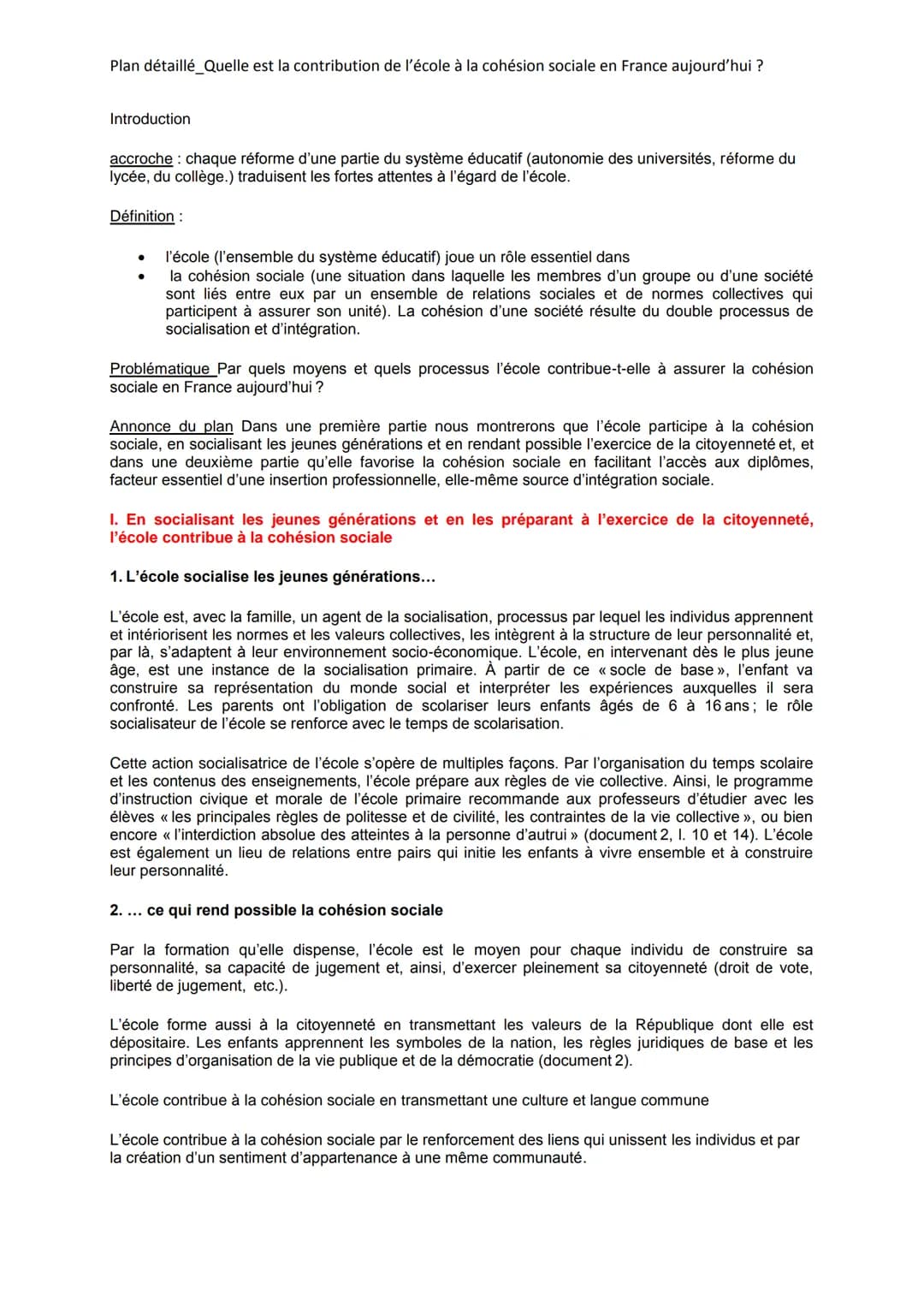 Plan détaillé_Quelle est la contribution de l'école à la cohésion sociale en France aujourd'hui ?
Introduction
accroche chaque réforme d'une