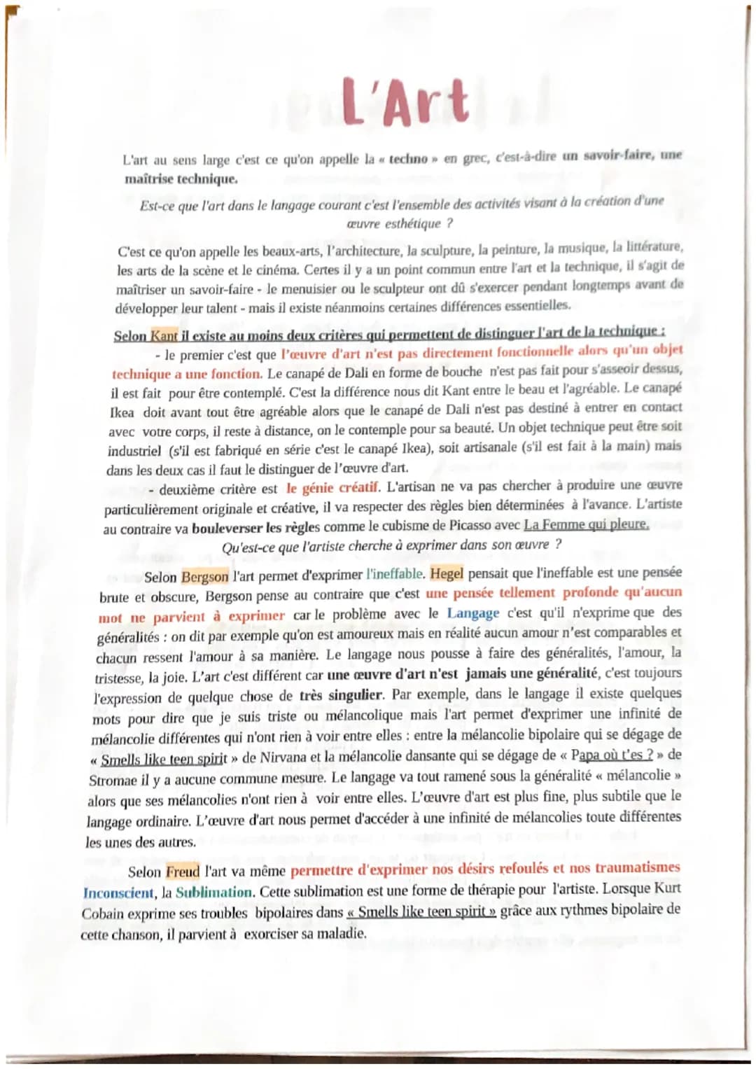 L'Art
L'art au sens large c'est ce qu'on appelle la « techno» en grec, c'est-à-dire un savoir-faire, une
maîtrise technique.
Est-ce que l'ar