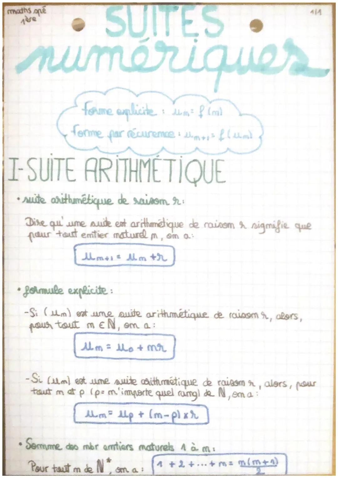 maths are
1ère
numériques
forme explicite um ² f (mil
forme
1
par récuremce+st flell
●
I-SUITE ARITHMÉTIQUE
•suite arithmétique de raisom r.
