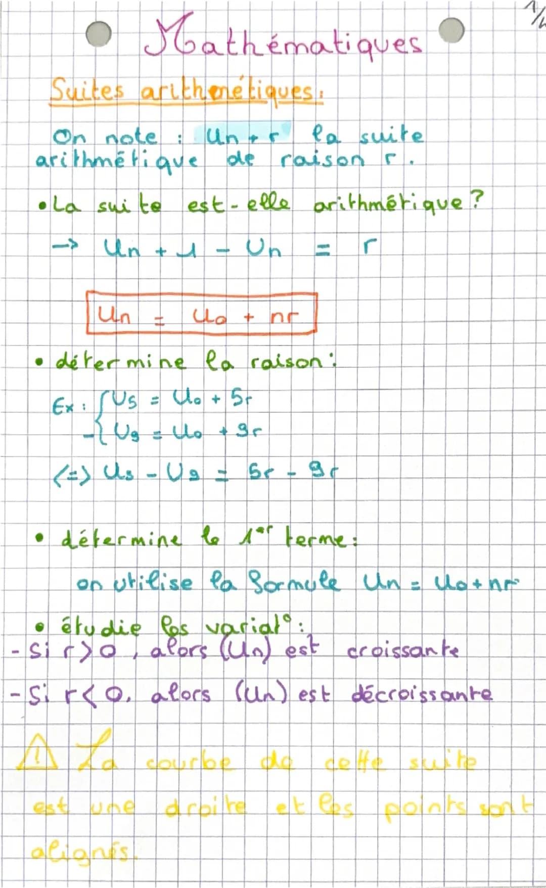 # Mathématiques
Suites arithmétiques:
On note : $U_n$ et $r$ la suite arithmétique de raison r.
• la suite est-elle arithmétique?
→ $U_{n+1}