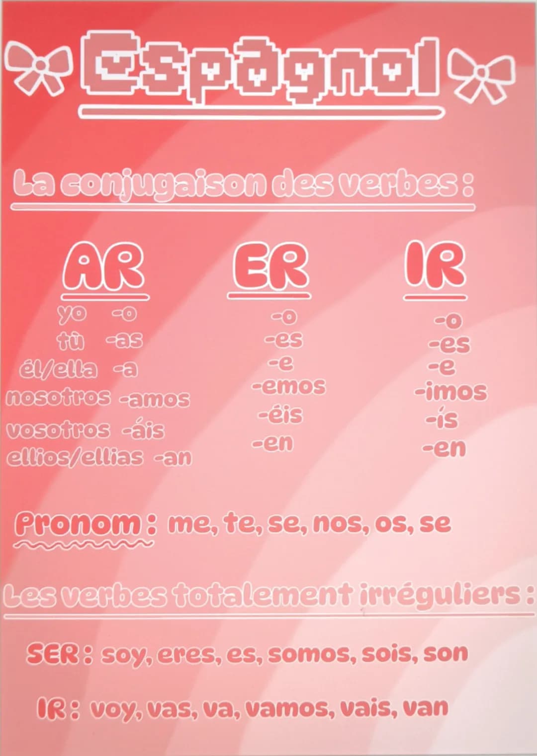 Espagnolo
La conjugaison des verbes:
AR
yo
tù as
ER
IR
-es
-es
él/ella -a
-e
-emos
nosotros -amos
-e
-imos
-éis
vosotros -áis
-is
-en
ellios