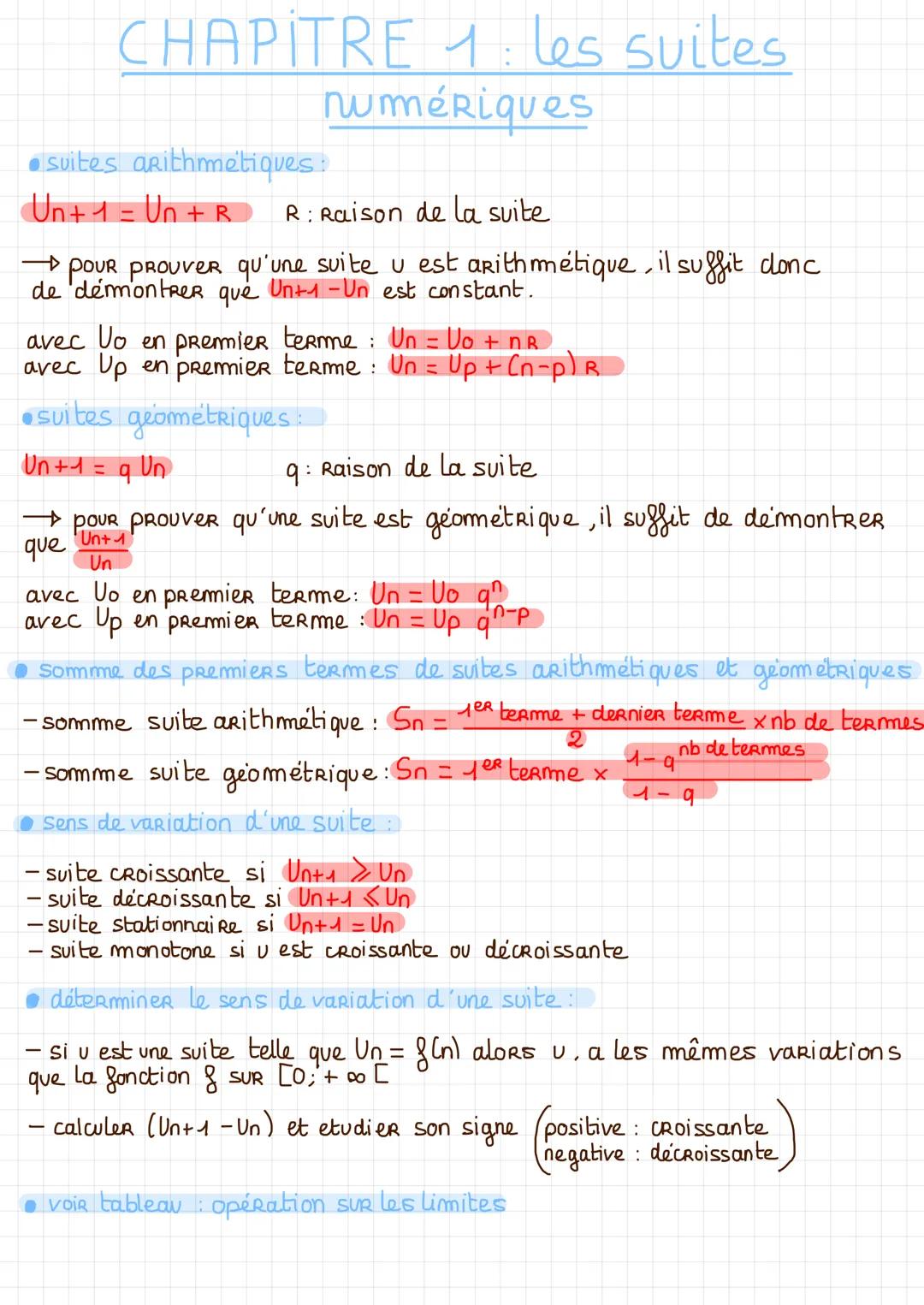 # CHAPITRE 1: les suites
numériques

• suites arithmetiques:

$Un+1 = Un + R$ R : Raison de la suite

→POUR PROUVER qu'une suite u est arith