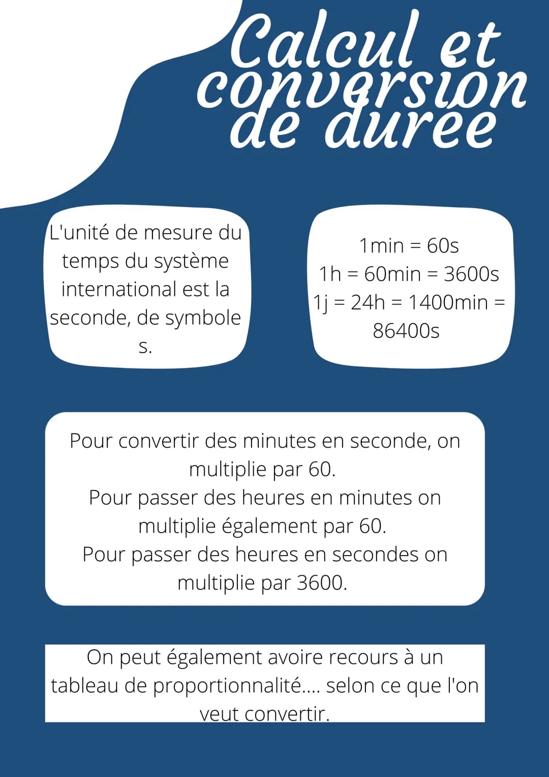 conversion
de duree
Calcul et
nu
L'unité de mesure du
temps du système
international est la
seconde, de symbole
S.
1 min = 60s
1h 60min = 36