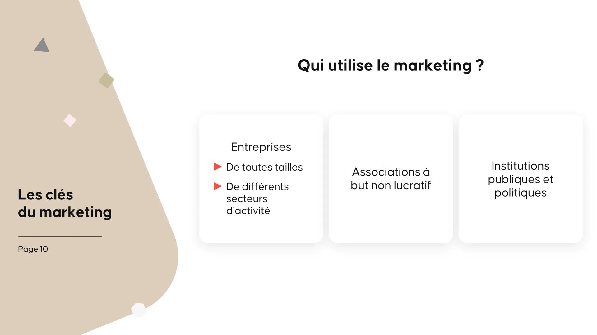 Les clés du
marketing Les fondamentaux Le marketing, c'est quoi? Le marketing

Les clés
du marketing

Définition
Ensemble de techniques orie