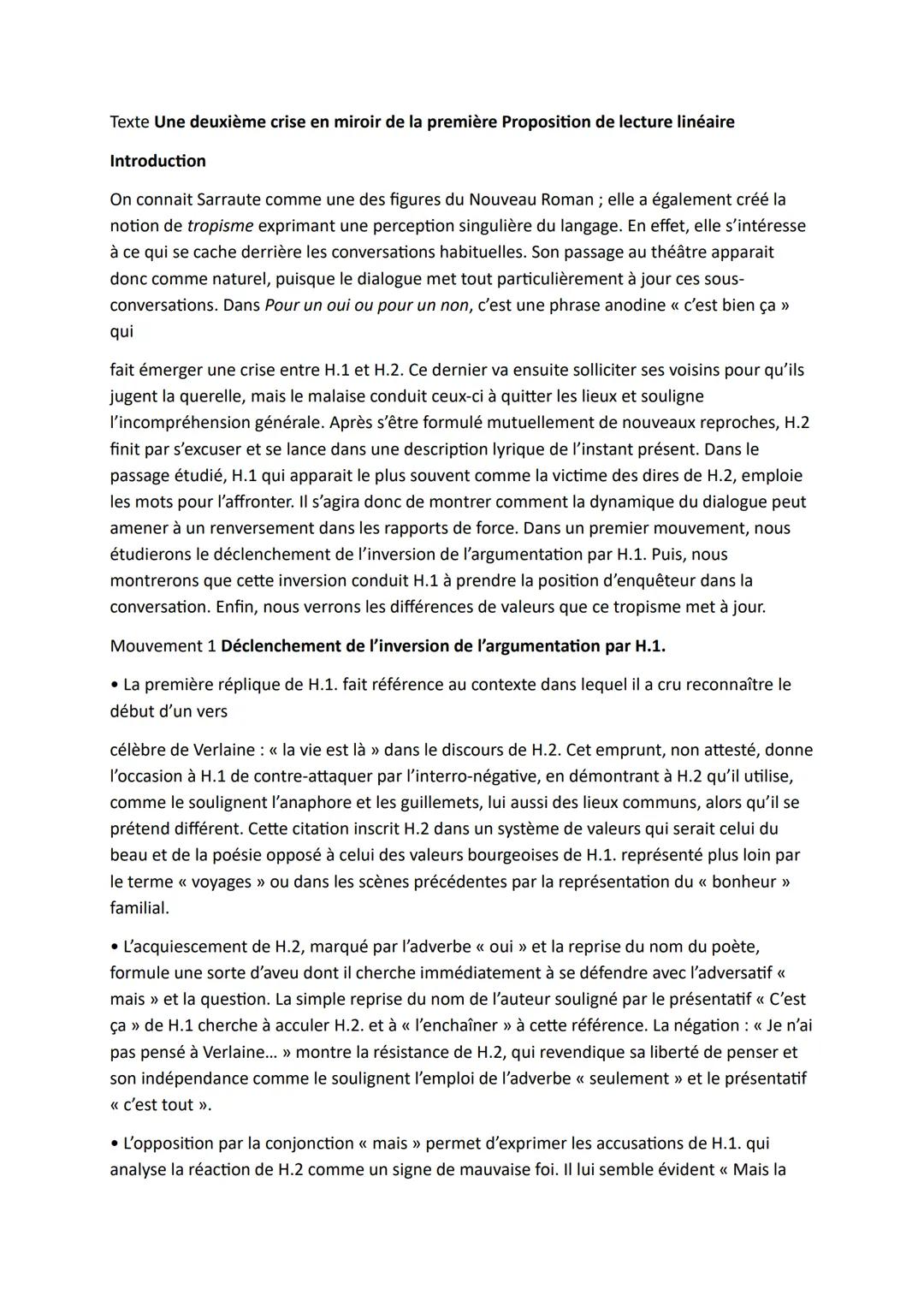 Texte Une deuxième crise en miroir de la première Proposition de lecture linéaire
Introduction
On connait Sarraute comme une des figures du 