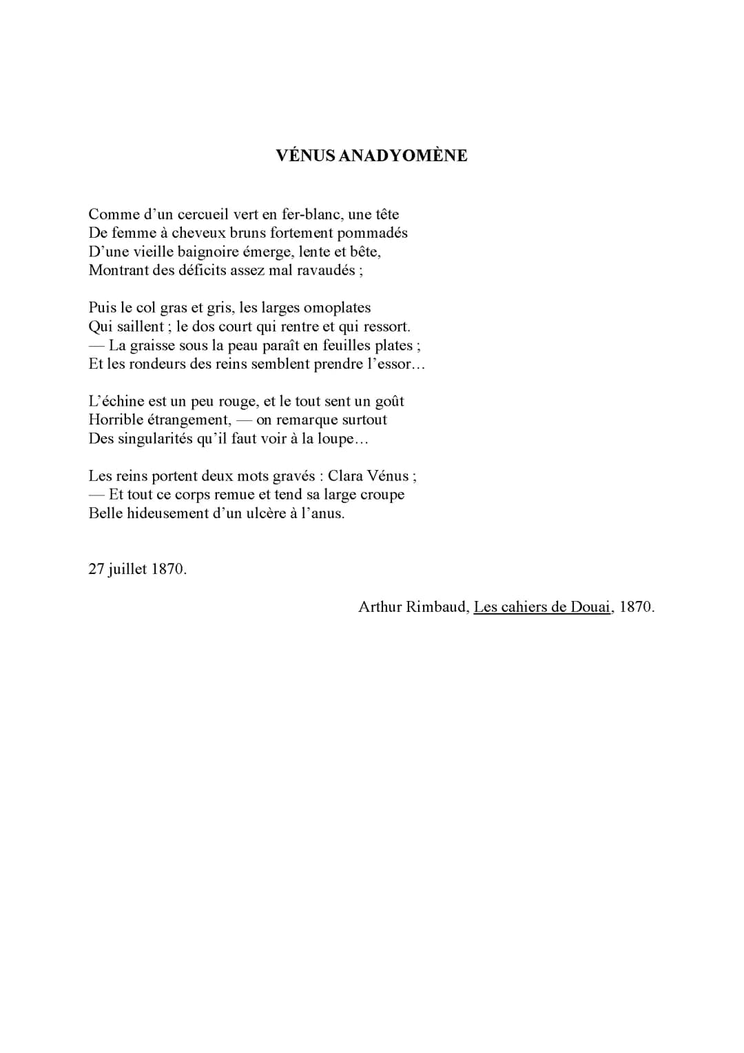 "Vénus Anadyomène" Arthur Rimbaud Analyse linéaire