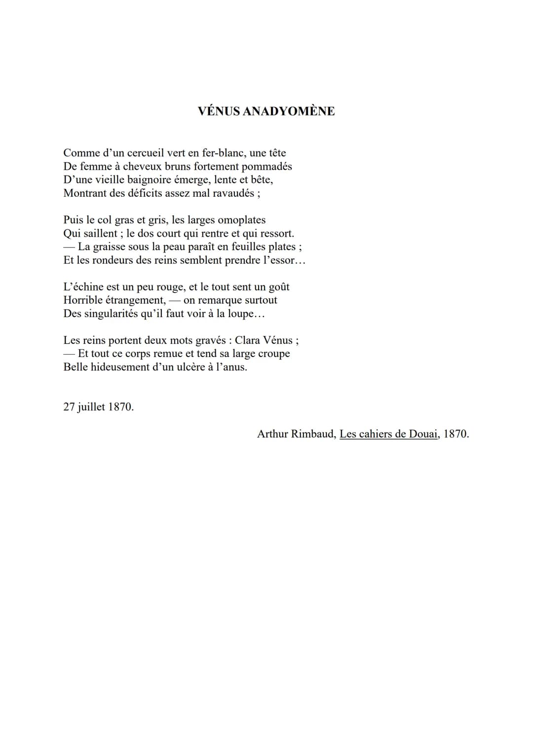 VÉNUS ANADYOMÈNE
Comme d'un cercueil vert en fer-blanc, une tête
De femme à cheveux bruns fortement pommadés
D'une vieille baignoire émerge,