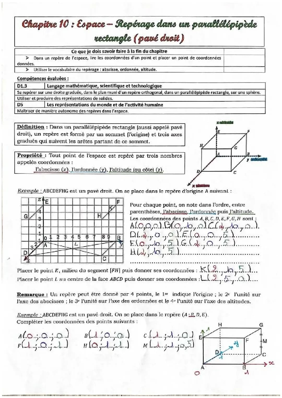  Repérage dans un parallélépipède rectangle 