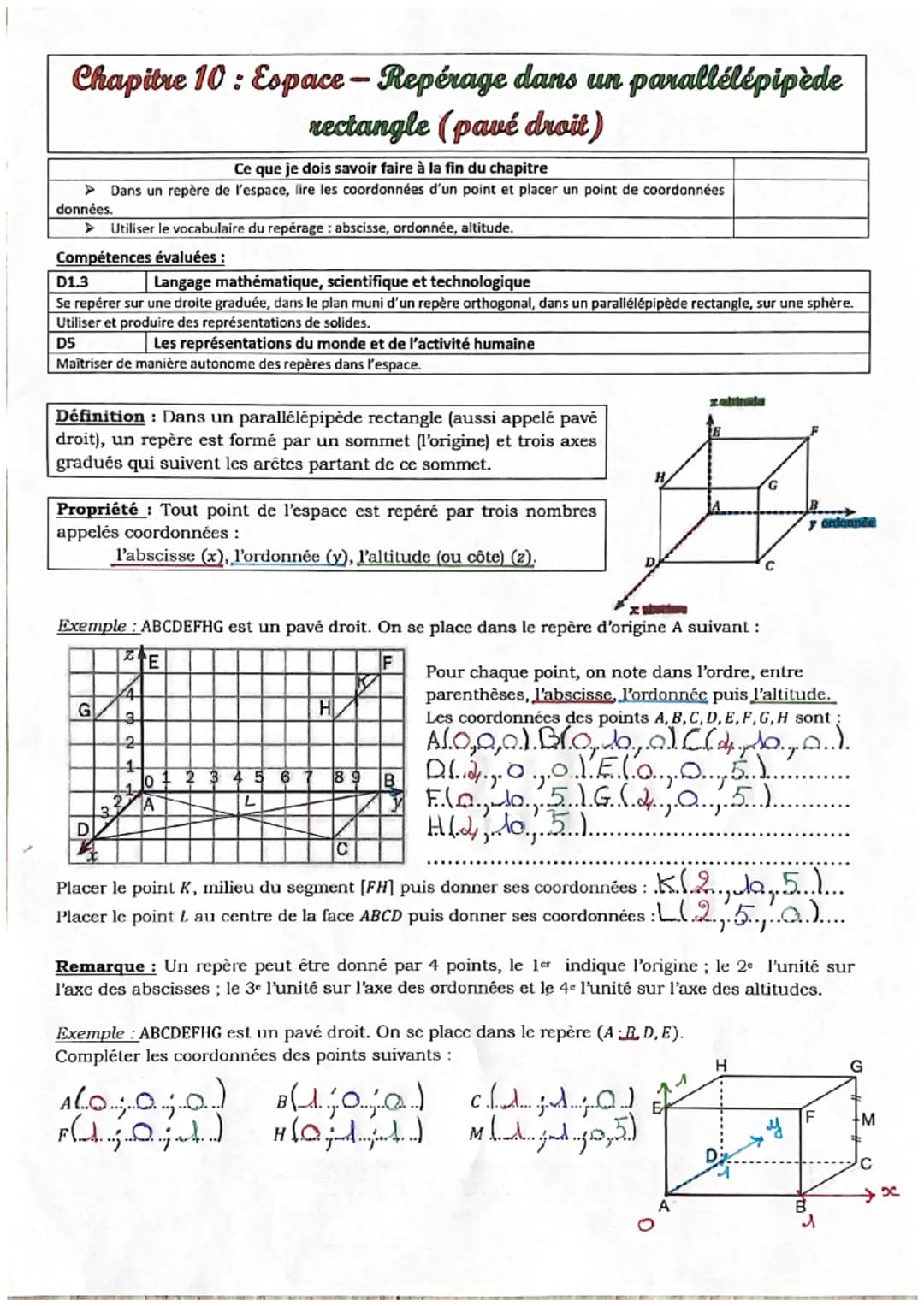 Chapitre 10: Espace-Repérage dans un parallélépipède
rectangle (pavé droit)
données.
Ce que je dois savoir faire à la fin du chapitre
Dans u
