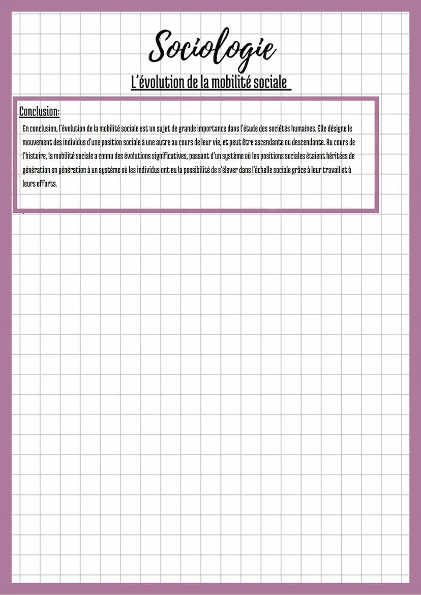 Sociologie
L'évolution de la mobilité sociale
Introduction:
L'évolution de la mobilité sociale est un sujet de grande importance dans l'étud