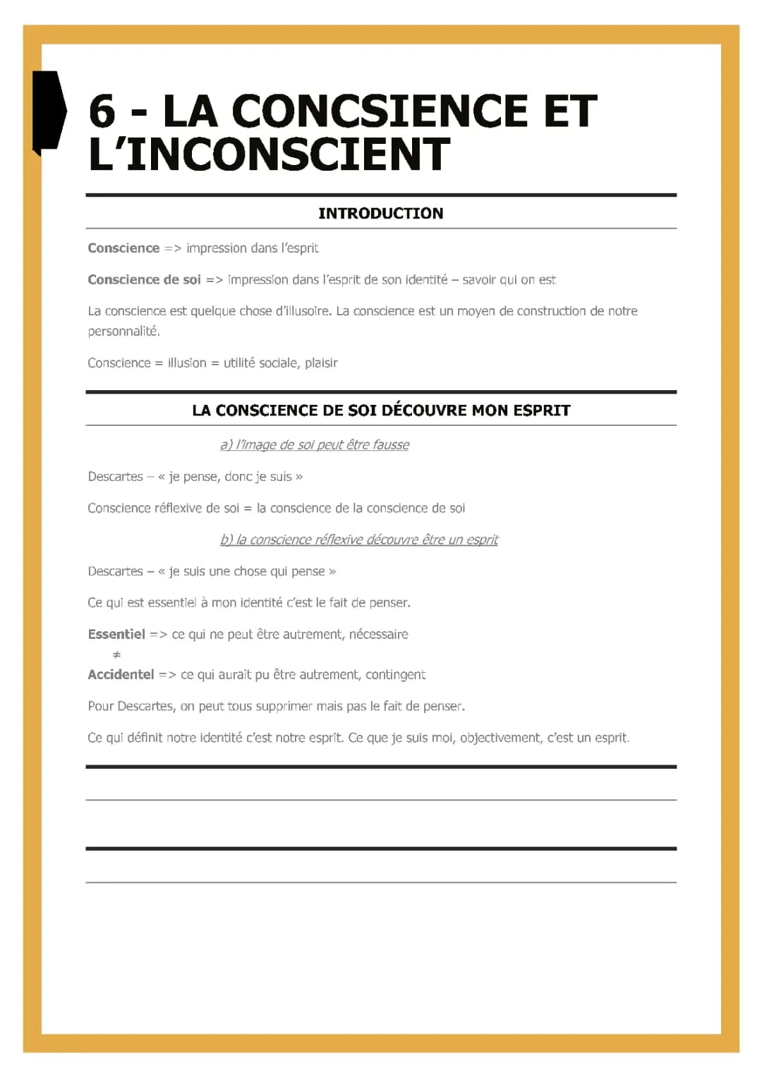 Conscience et inconscient en philosophie: sujets corrigés, résumé de cours et introduction