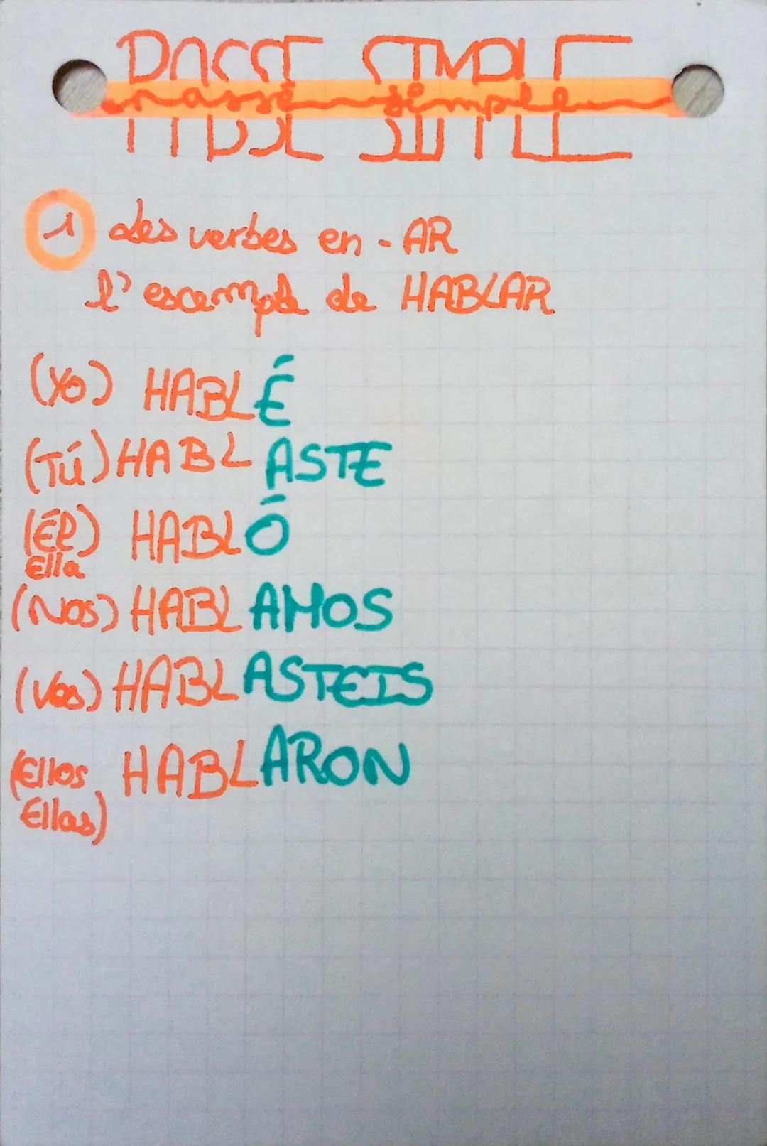 PAST SIMPLE

1 des verbes en - AR
l' escemple de HABLAR

(YO) HABLÉ
(TÚ) HABLASTE
(EP) HABLÓ
Ella
(NOS) HABLAMOS
(Ves) HABLASTEIS
Ellos HABL