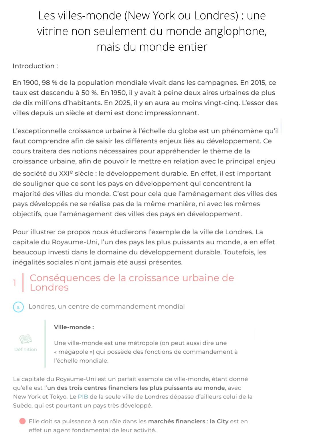 Les villes-monde (New York ou Londres) : une
vitrine non seulement du monde anglophone,
mais du monde entier
Introduction :
En 1900, 98% de 