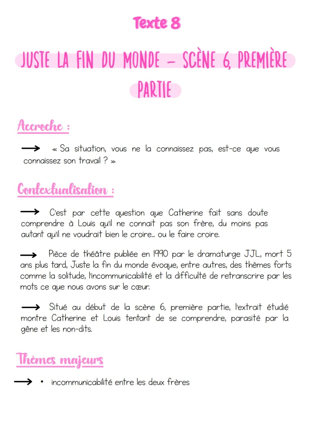 Texte 8
JUSTE LA FIN DU MONDE - SCÈNE 6 PREMIÈRE
PARTIE
Accroche :
Sa situation, vous ne la connaissez pas, est-ce que vous
connaissez son t