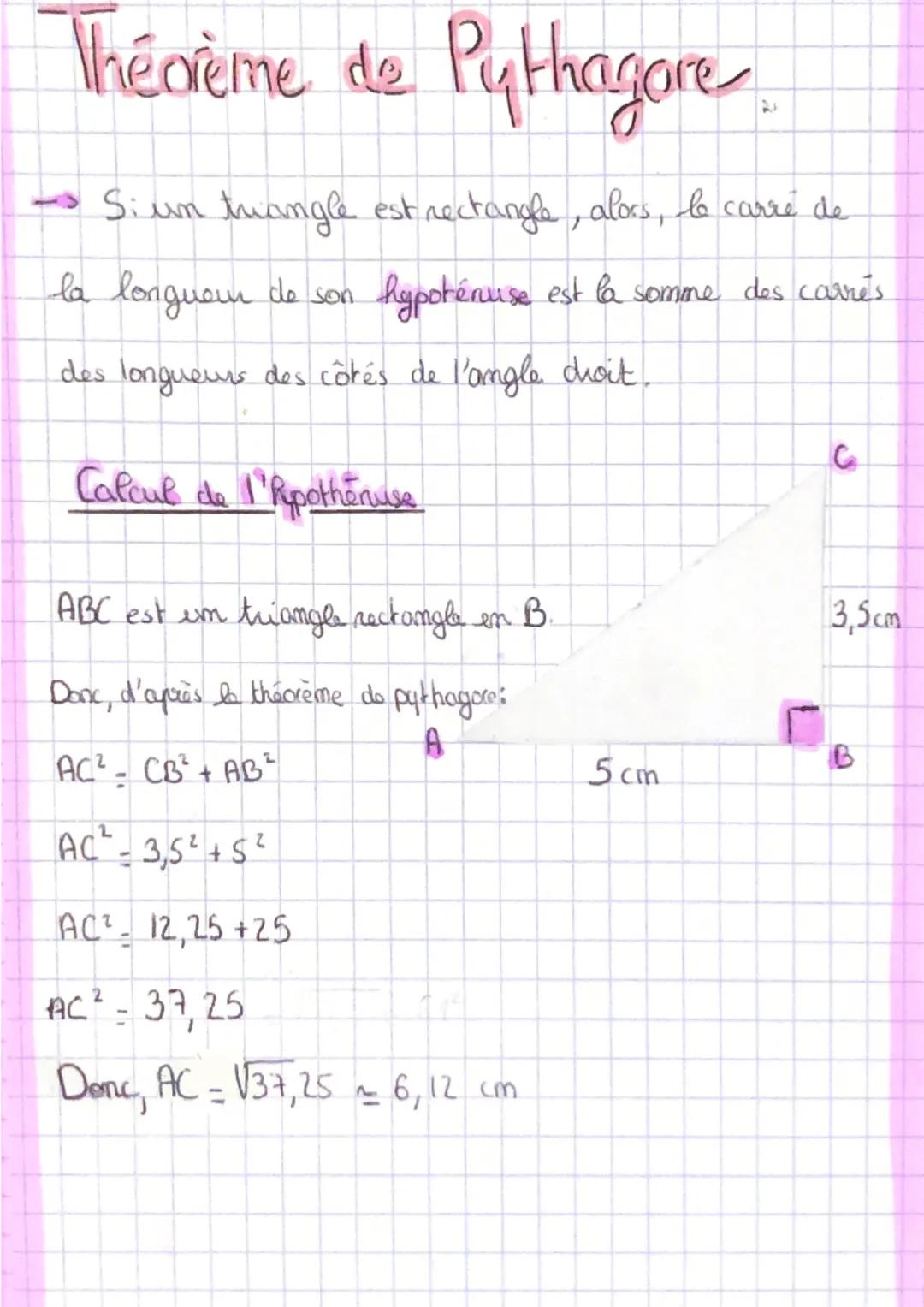 Théorème de Pythagore

→ Si un triangle est rectangle, alors, le carré de
la longueur de son hypotenuse est la somme des carrés
des longueur