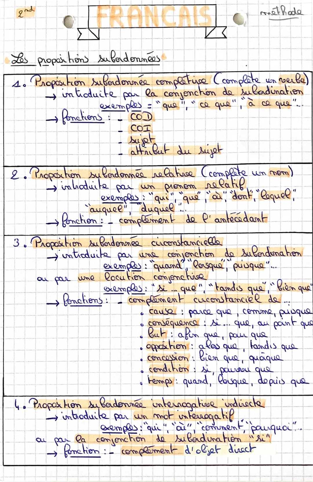 2nd
IFRANCAIS
Les propositions subordonnées
4. Proposition subordonnée completice (complete un verbe)
→ introduite par la conjonction de sub