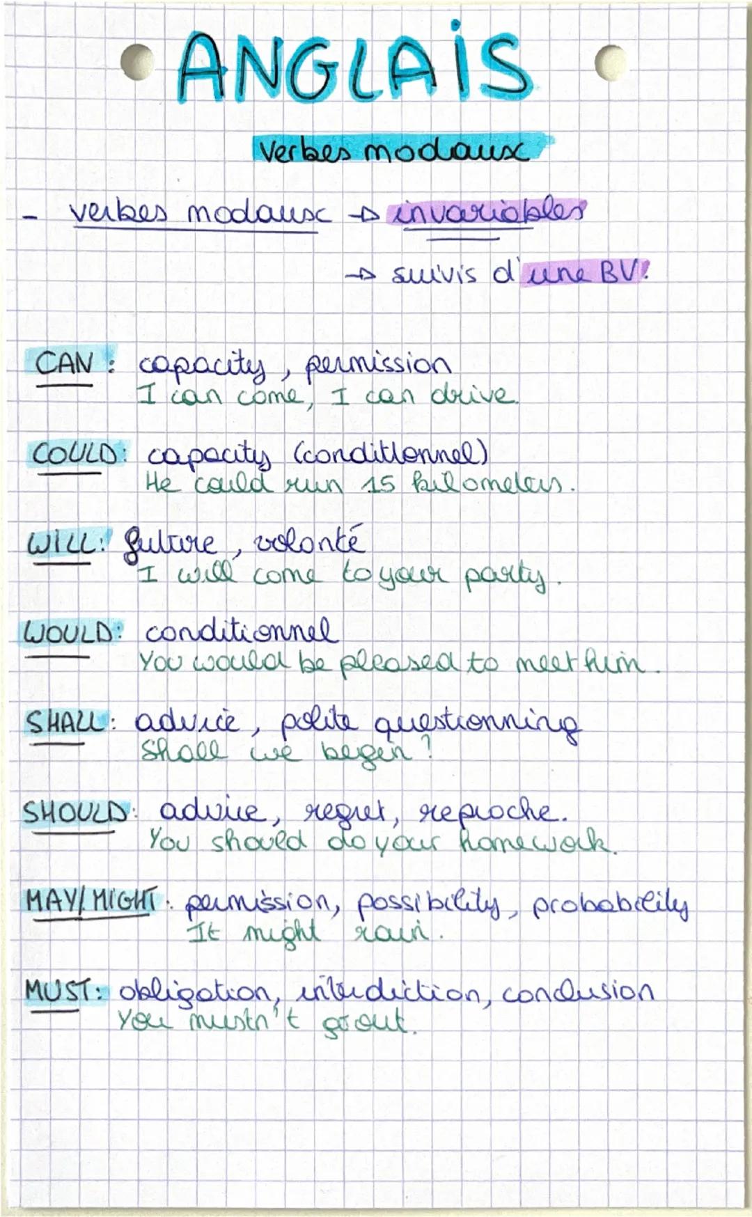 # ANGLAIS

Verbes modaux

- verbes modaus $\rightarrow$ invariables

$\rightarrow$ suivis d'une BV!

CAN: capacity, permission
I can come, I