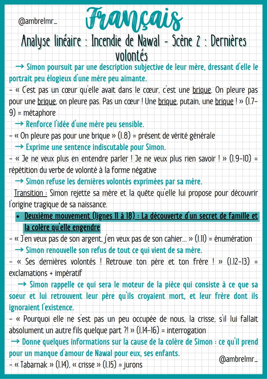 @ambrelmr_
Français
Analyse linéaire Incendie de Nawal - Scène 2: Dernières
volontés
INTRODUCTION
Présentation du texte :
→ Auteur : Wajdi M