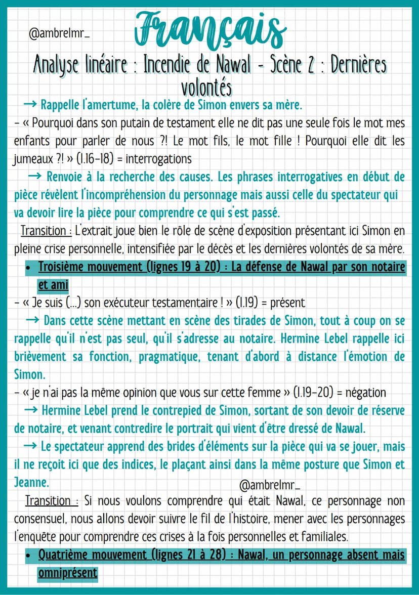 @ambrelmr_
Français
Analyse linéaire Incendie de Nawal - Scène 2: Dernières
volontés
INTRODUCTION
Présentation du texte :
→ Auteur : Wajdi M