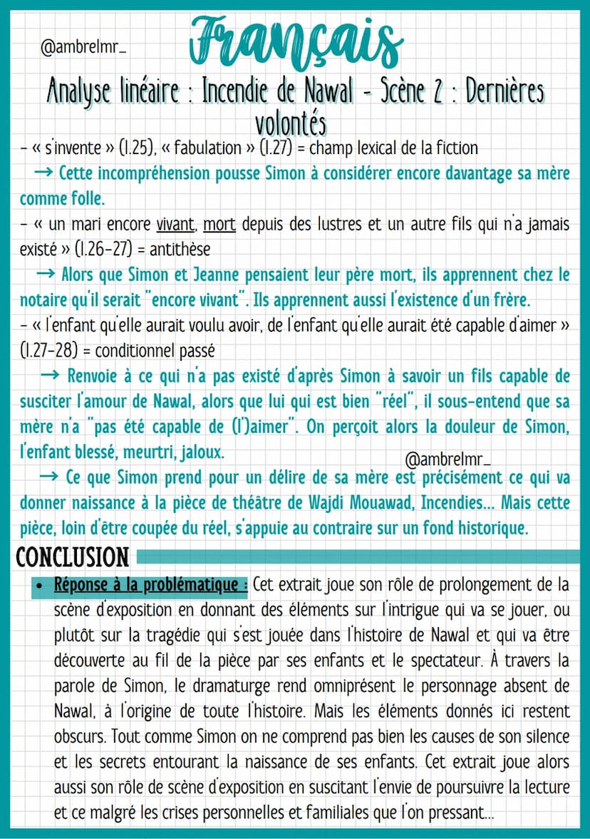 @ambrelmr_
Français
Analyse linéaire Incendie de Nawal - Scène 2: Dernières
volontés
INTRODUCTION
Présentation du texte :
→ Auteur : Wajdi M