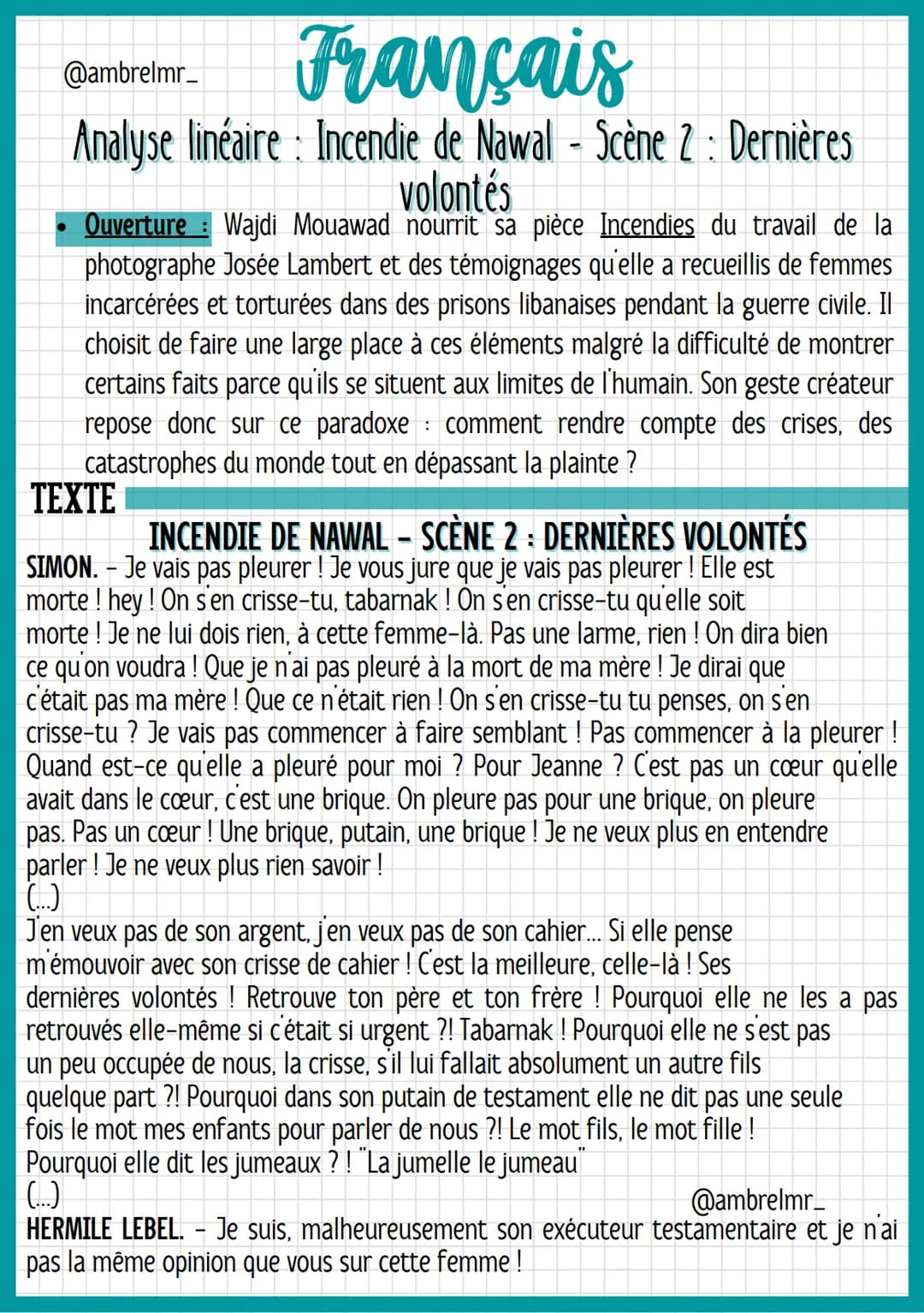@ambrelmr_
Français
Analyse linéaire Incendie de Nawal - Scène 2: Dernières
volontés
INTRODUCTION
Présentation du texte :
→ Auteur : Wajdi M