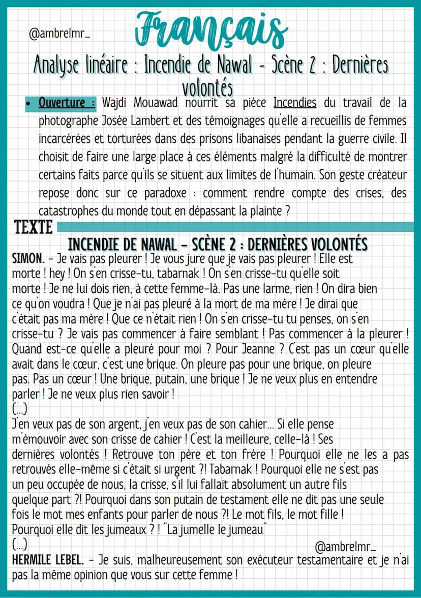 @ambrelmr_
Français
Analyse linéaire Incendie de Nawal - Scène 2: Dernières
volontés
INTRODUCTION
Présentation du texte :
→ Auteur : Wajdi M