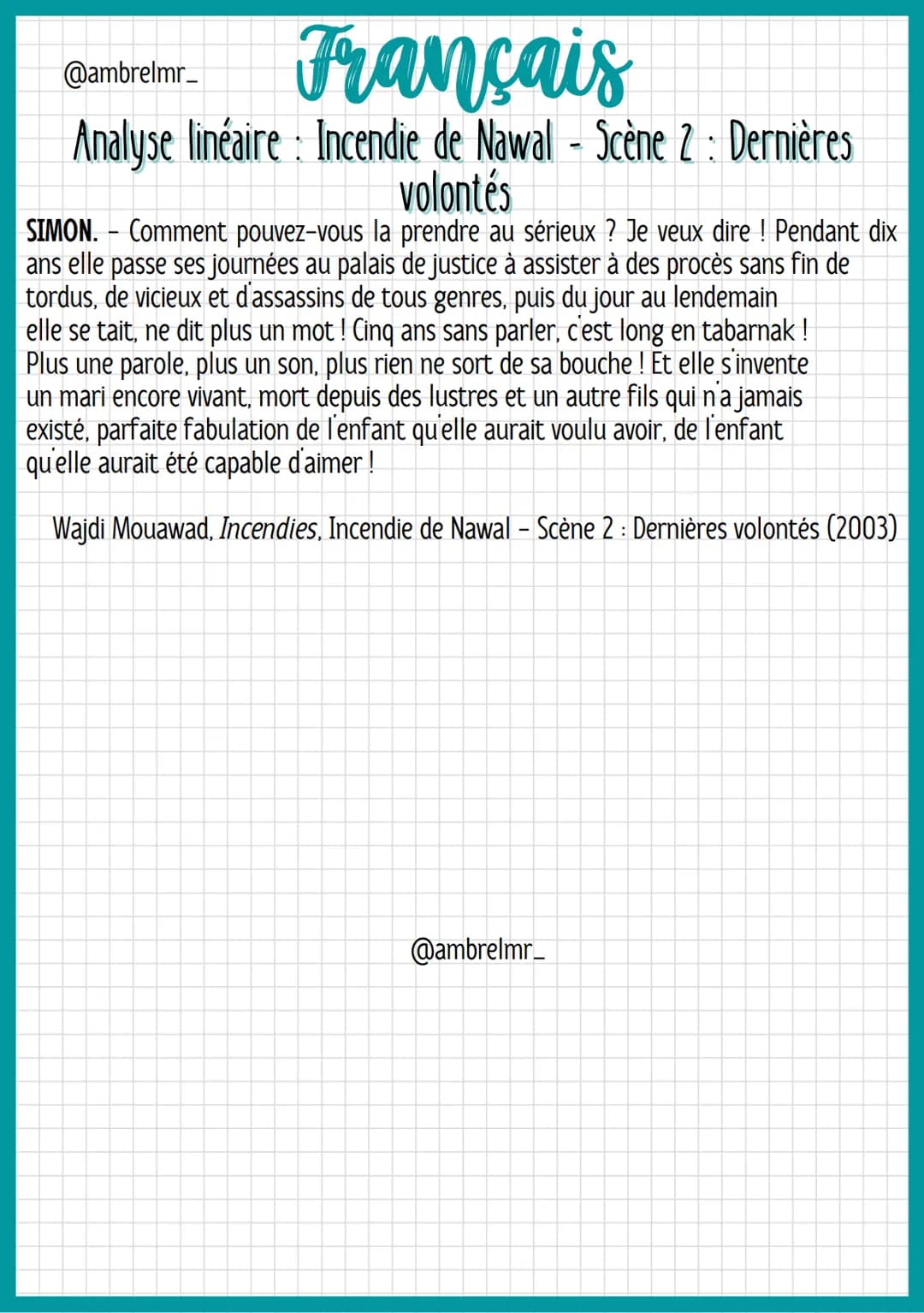@ambrelmr_
Français
Analyse linéaire Incendie de Nawal - Scène 2: Dernières
volontés
INTRODUCTION
Présentation du texte :
→ Auteur : Wajdi M