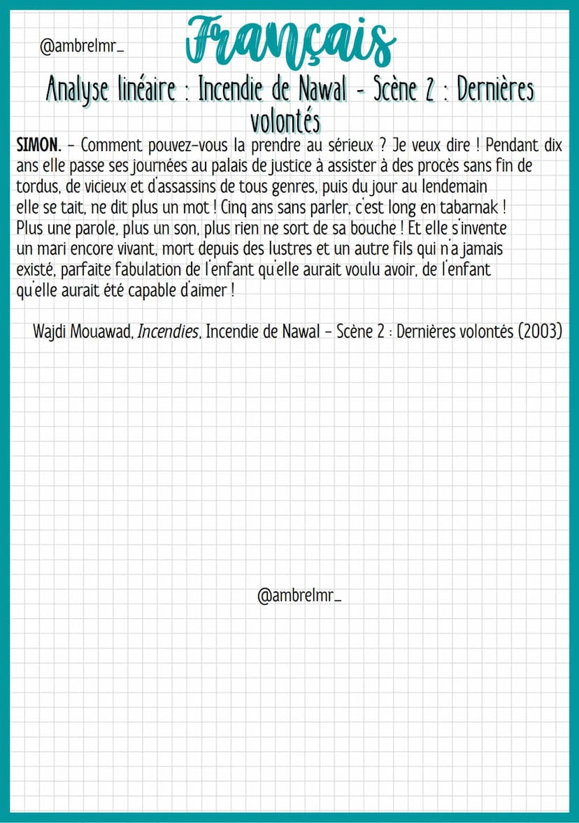 @ambrelmr_
Français
Analyse linéaire Incendie de Nawal - Scène 2: Dernières
volontés
INTRODUCTION
Présentation du texte :
→ Auteur : Wajdi M