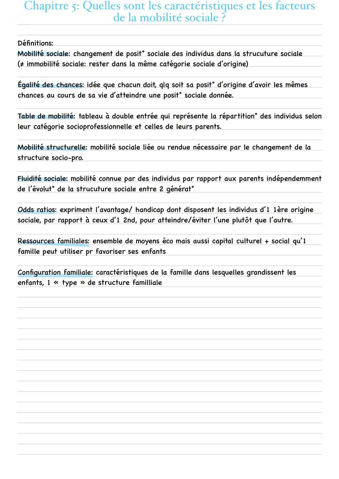 # Chapitre 5: Quelles sont les caractéristiques et les facteurs
de la mobilité sociale?

Définitions:
Mobilité sociale: changement de posit 
