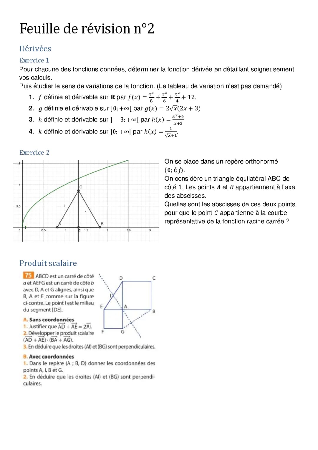 Exercices corrigés maths Terminale : Dérivées, Produit Scalaire, et Probabilités