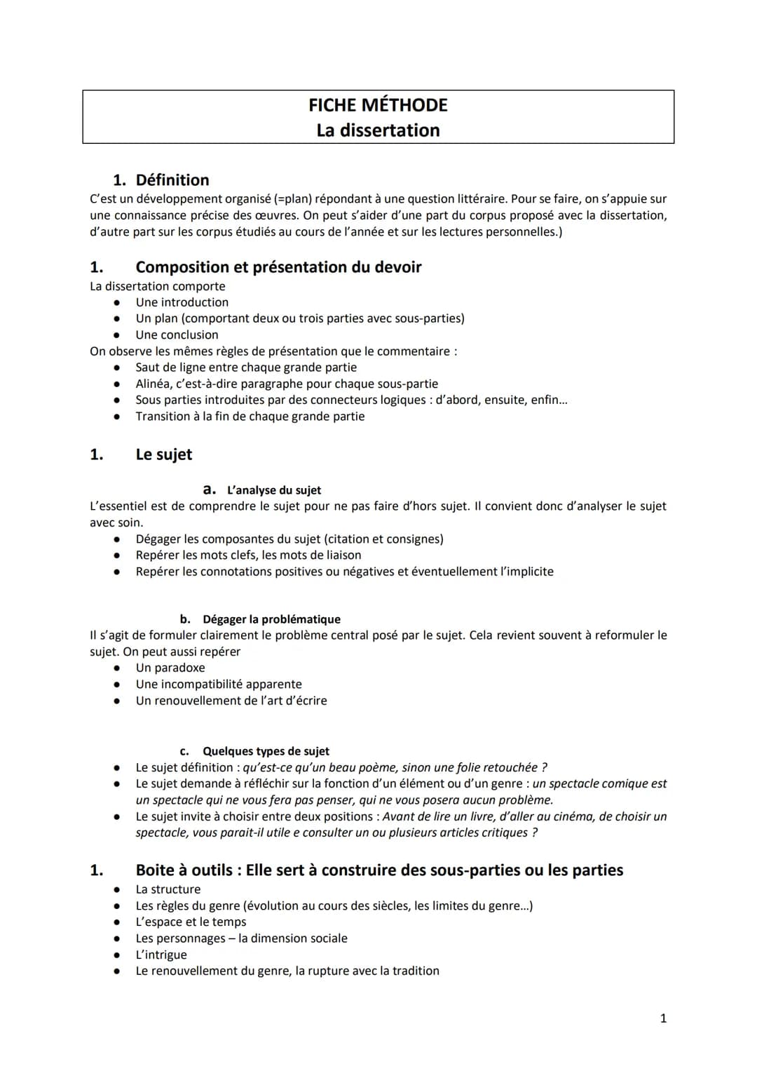 1. Définition
C'est un développement organisé (=plan) répondant à une question littéraire. Pour se faire, on s'appuie sur
une connaissance p