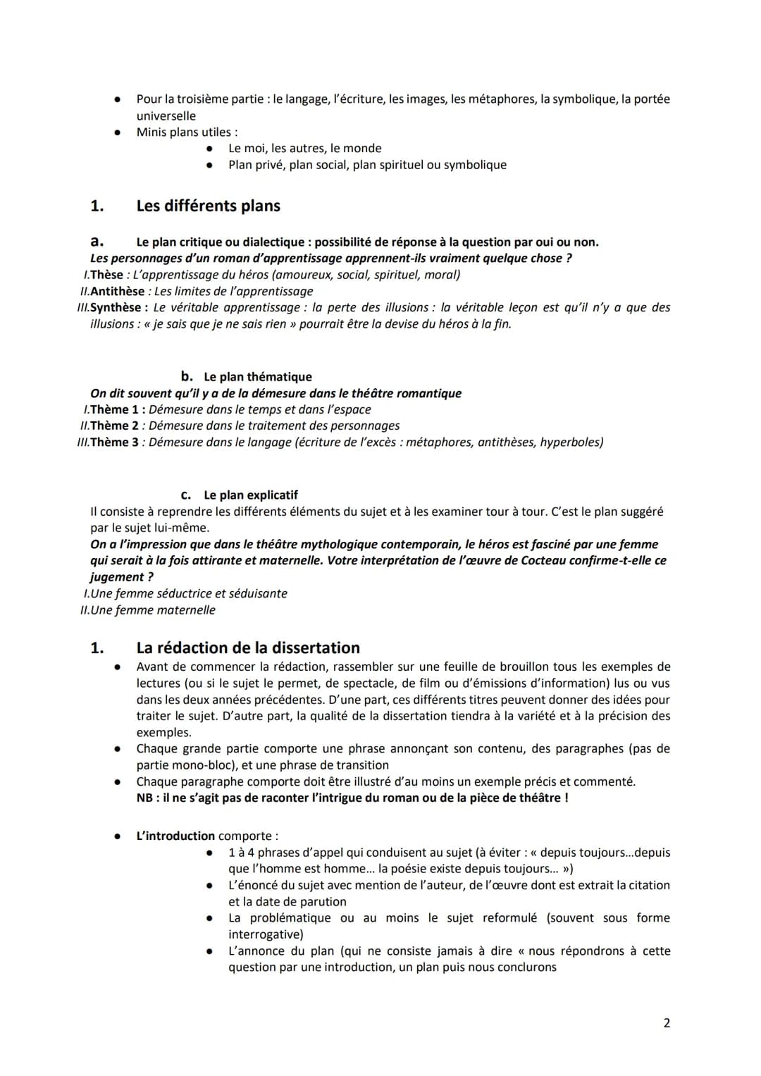 1. Définition
C'est un développement organisé (=plan) répondant à une question littéraire. Pour se faire, on s'appuie sur
une connaissance p