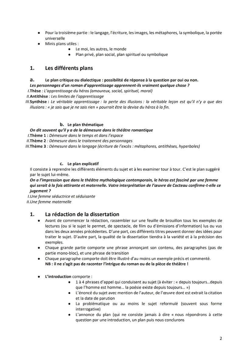 1. Définition
C'est un développement organisé (=plan) répondant à une question littéraire. Pour se faire, on s'appuie sur
une connaissance p