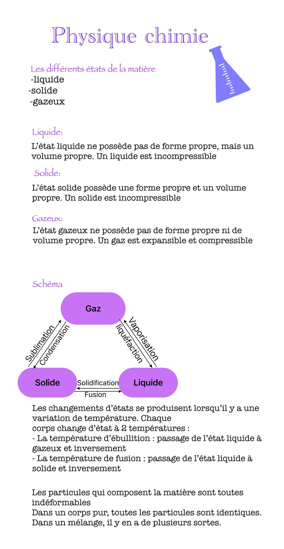 Physique chimie
Les différents états de la matière
-liquide
-solide
-gazeux
Liquide:
L'état liquide ne possède pas de forme propre, mais un
