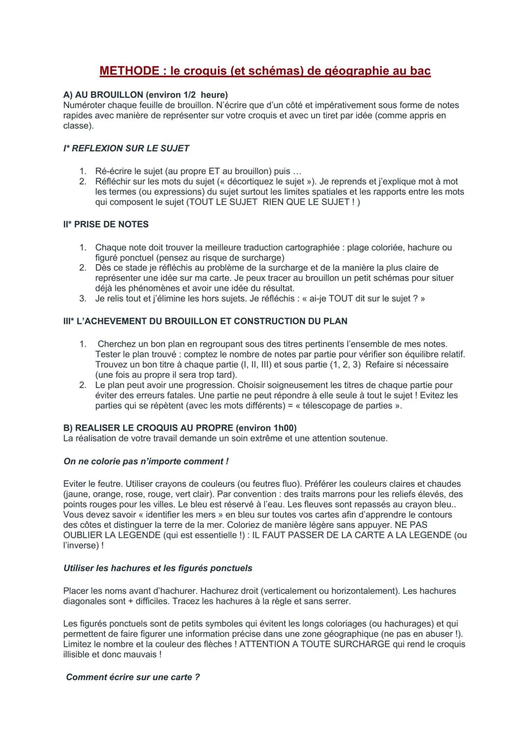 METHODE : le croquis (et schémas) de géographie au bac
A) AU BROUILLON (environ 1/2 heure)
Numéroter chaque feuille de brouillon. N'écrire q